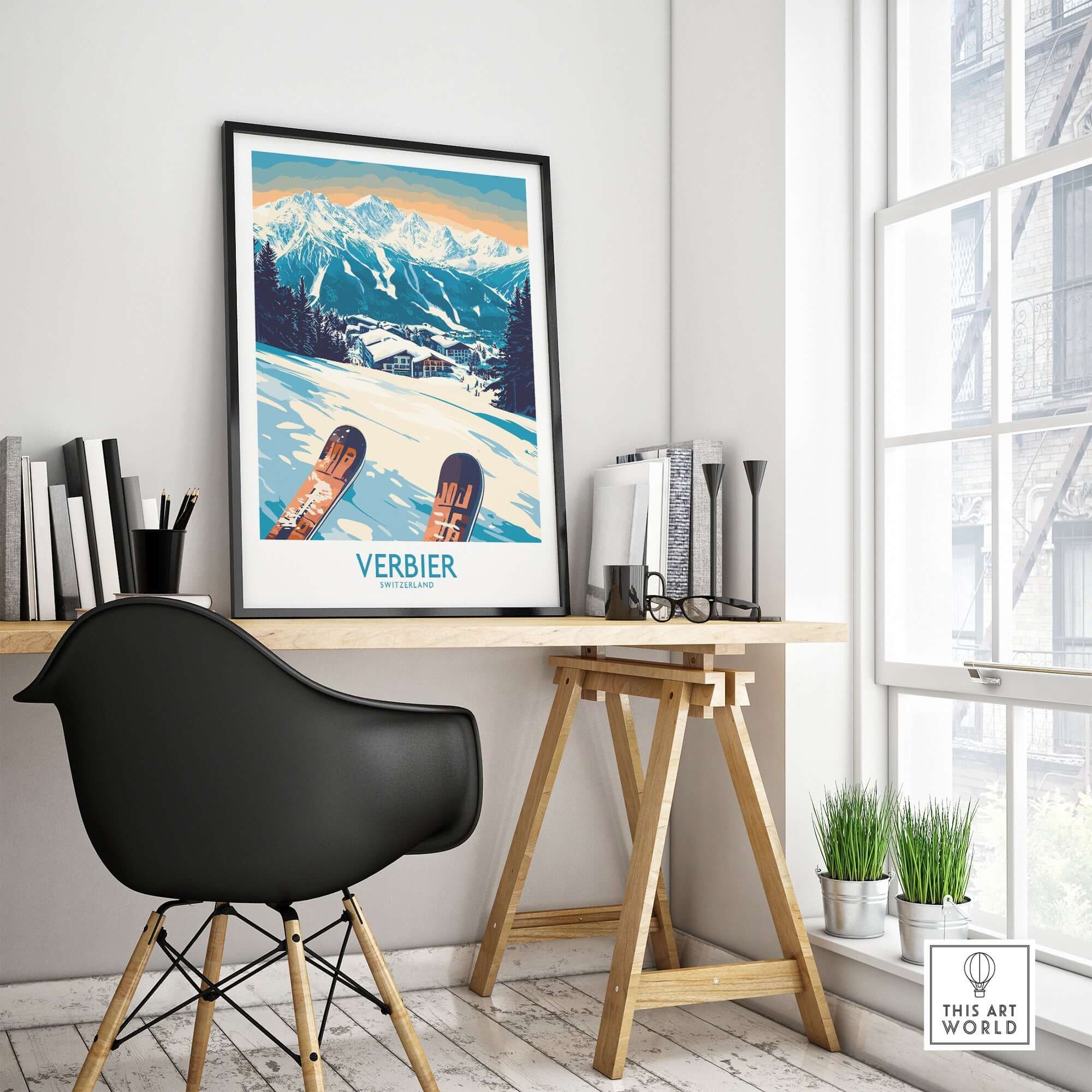 Verbier poster showcasing Swiss Alps decor in a modern home office setting with a stylish chair and desk.