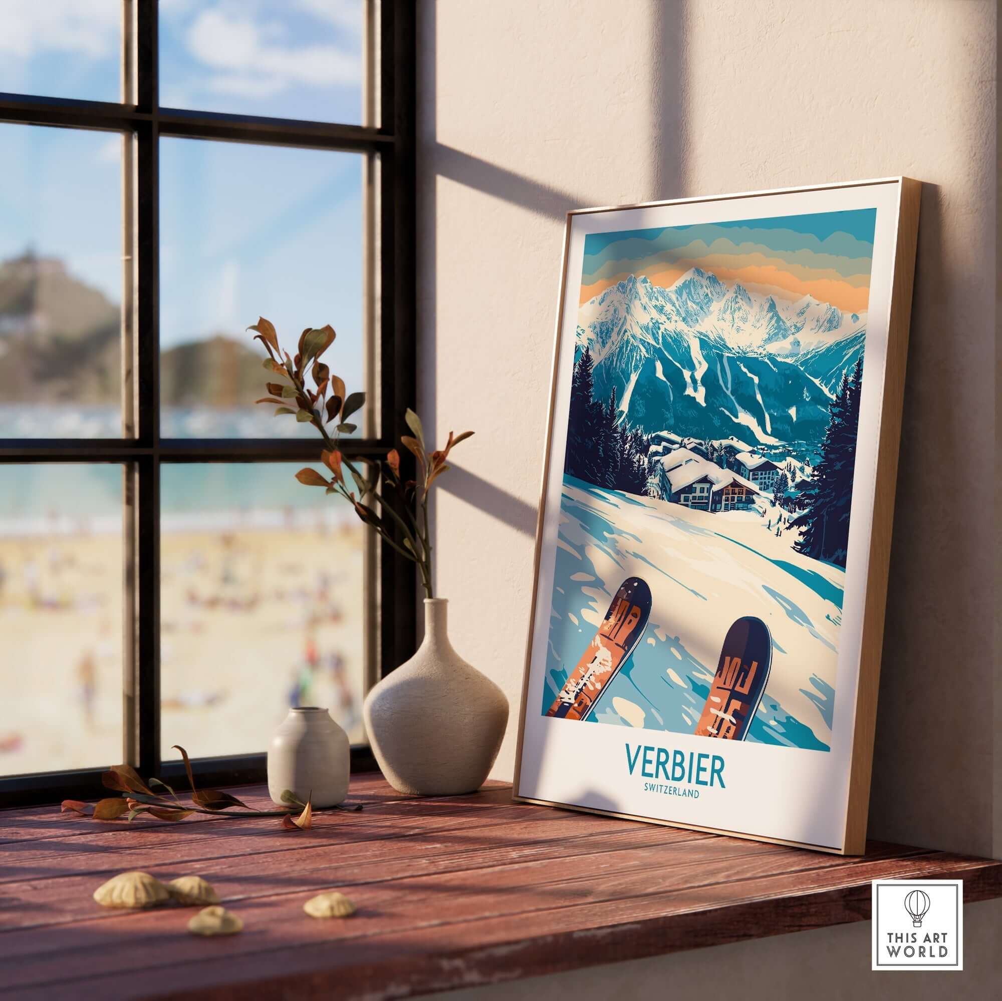 Verbier poster showcasing Swiss Alps and ski scene, placed by a window for a cozy décor touch.