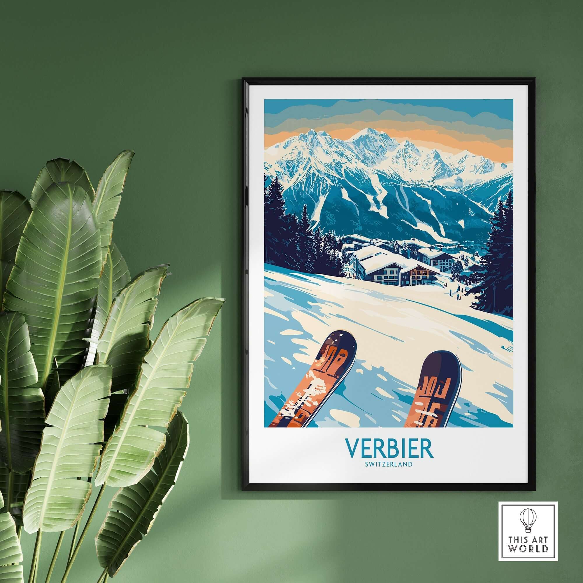 Verbier poster showcasing Swiss Alps views, perfect for travel lovers and mountain adventure enthusiasts.