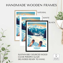 Handmade wooden frames in natural, white, and black for Verbier poster with clear Perspex glaze, ready to hang.