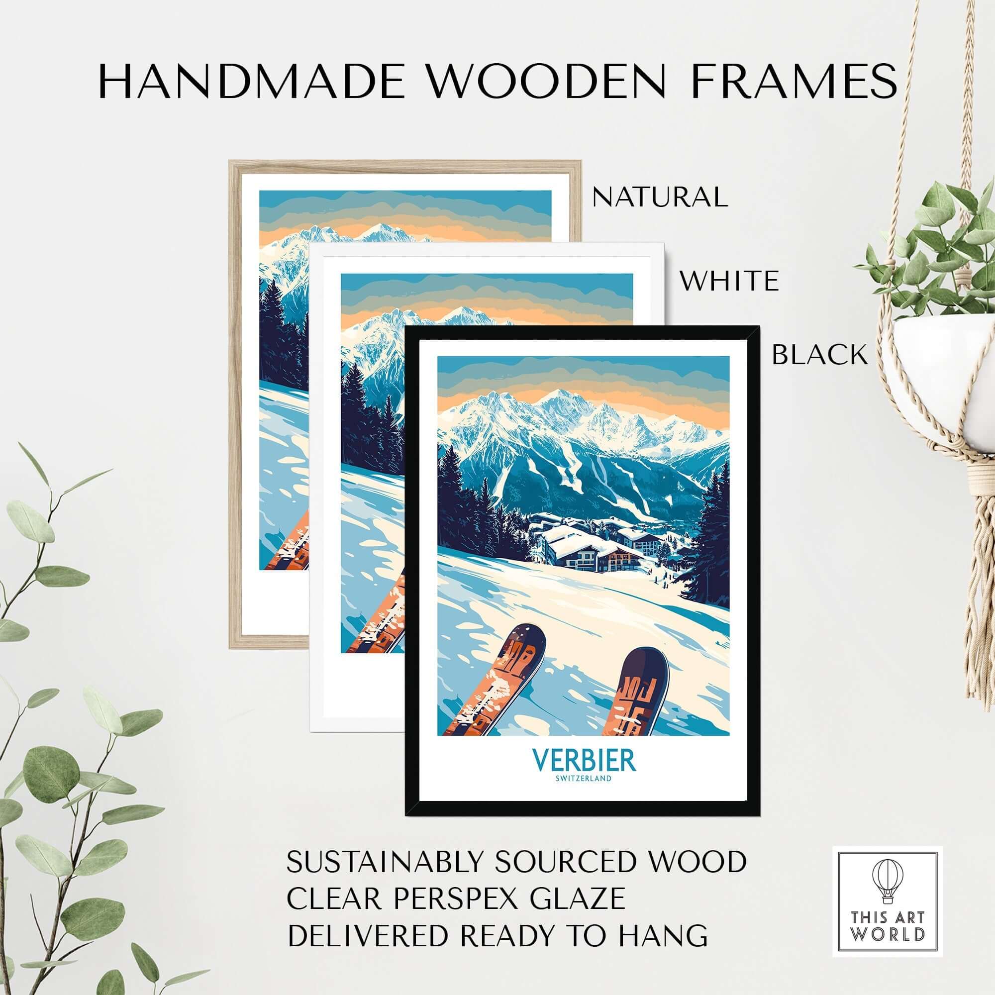 Handmade wooden frames in natural, white, and black for Verbier poster with clear Perspex glaze, ready to hang.