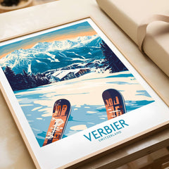 Verbier poster featuring ski equipment and Swiss Alps, perfect for travel lovers and home décor enthusiasts.