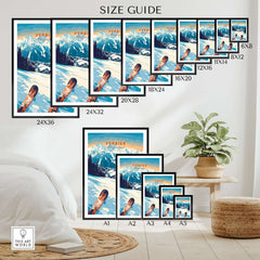 Size guide for Verbier ski print featuring various frame sizes displayed in a stylish interior setting.