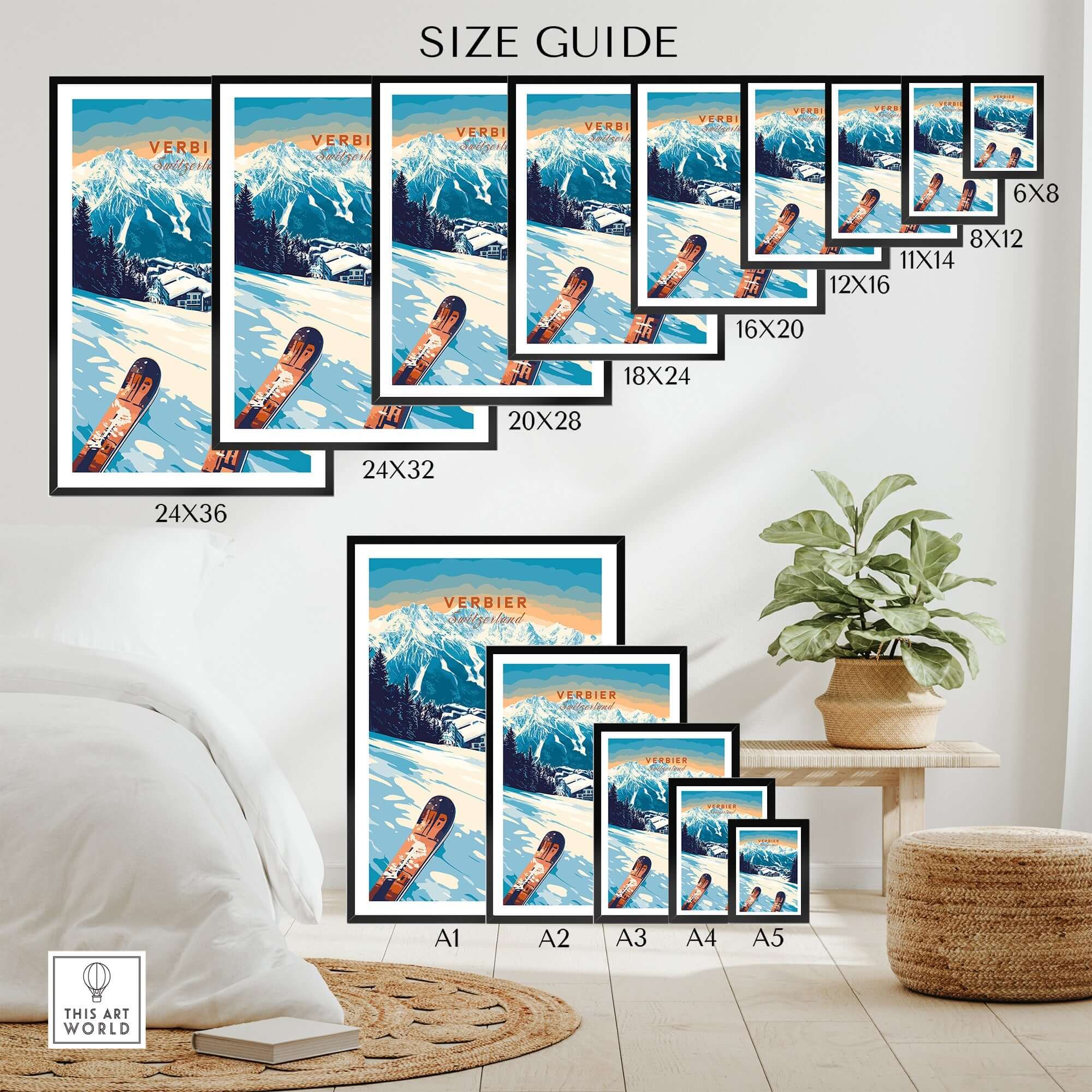 Size guide for Verbier ski print featuring various frame sizes displayed in a stylish interior setting.