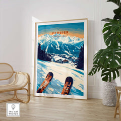 Verbier Print showcasing stunning Swiss Alps slopes and ski gear, perfect for ski enthusiasts and art lovers.