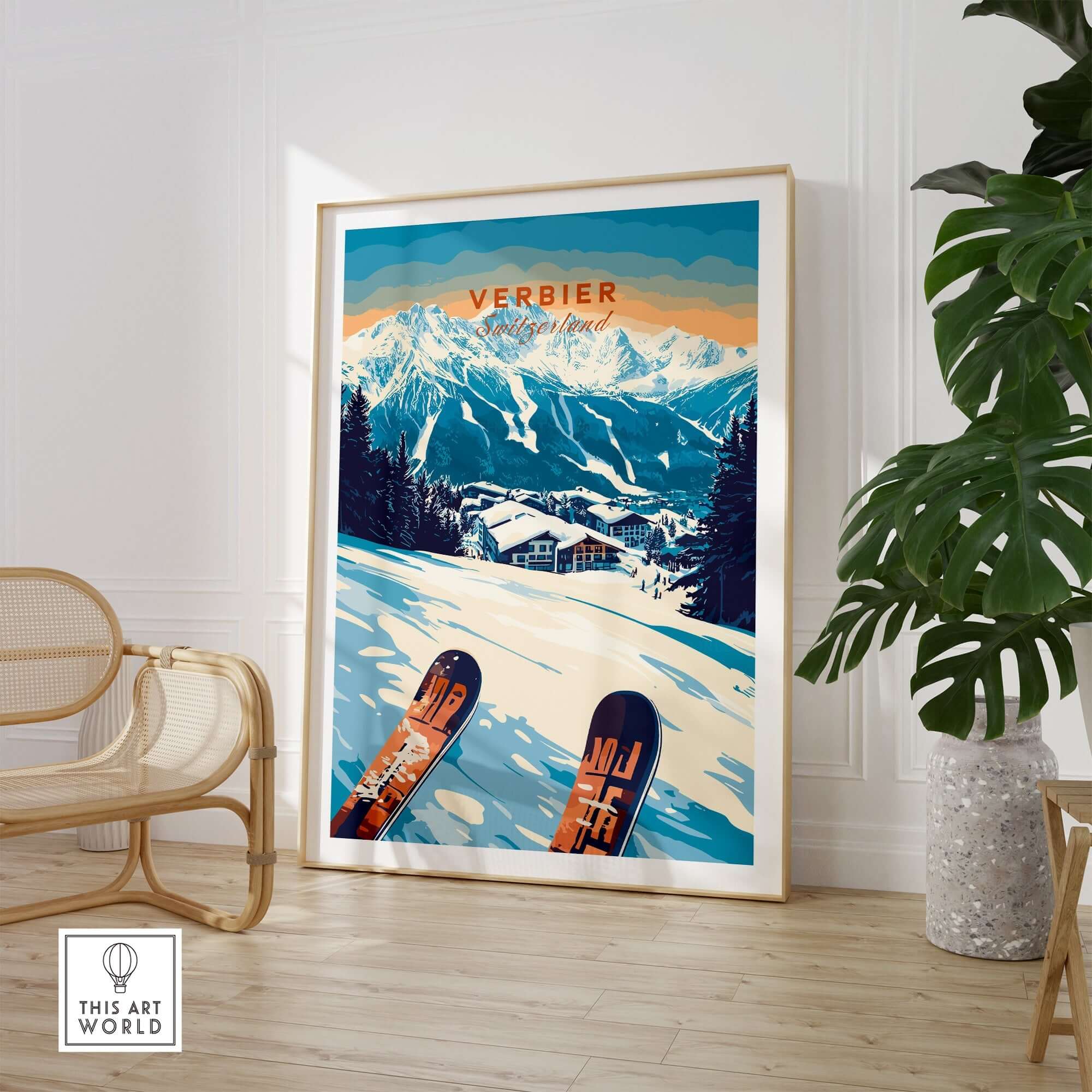 Verbier Print showcasing stunning Swiss Alps slopes and ski gear, perfect for ski enthusiasts and art lovers.