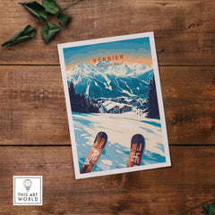Verbier Print showcasing snowy slopes and mountains of Switzerland, perfect for ski enthusiasts and lovers of the Alps.