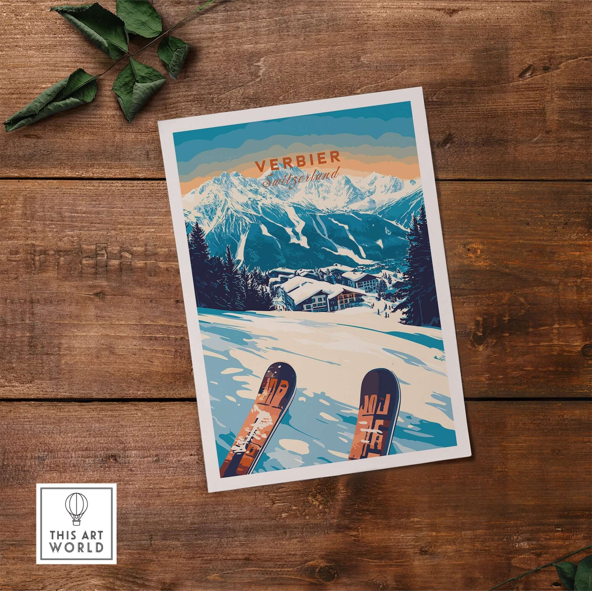 Verbier Print showcasing snowy slopes and mountains of Switzerland, perfect for ski enthusiasts and lovers of the Alps.