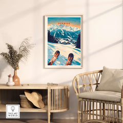 Verbier Switzerland ski print displayed in a stylish room, showcasing stunning alpine scenery and ski equipment.
