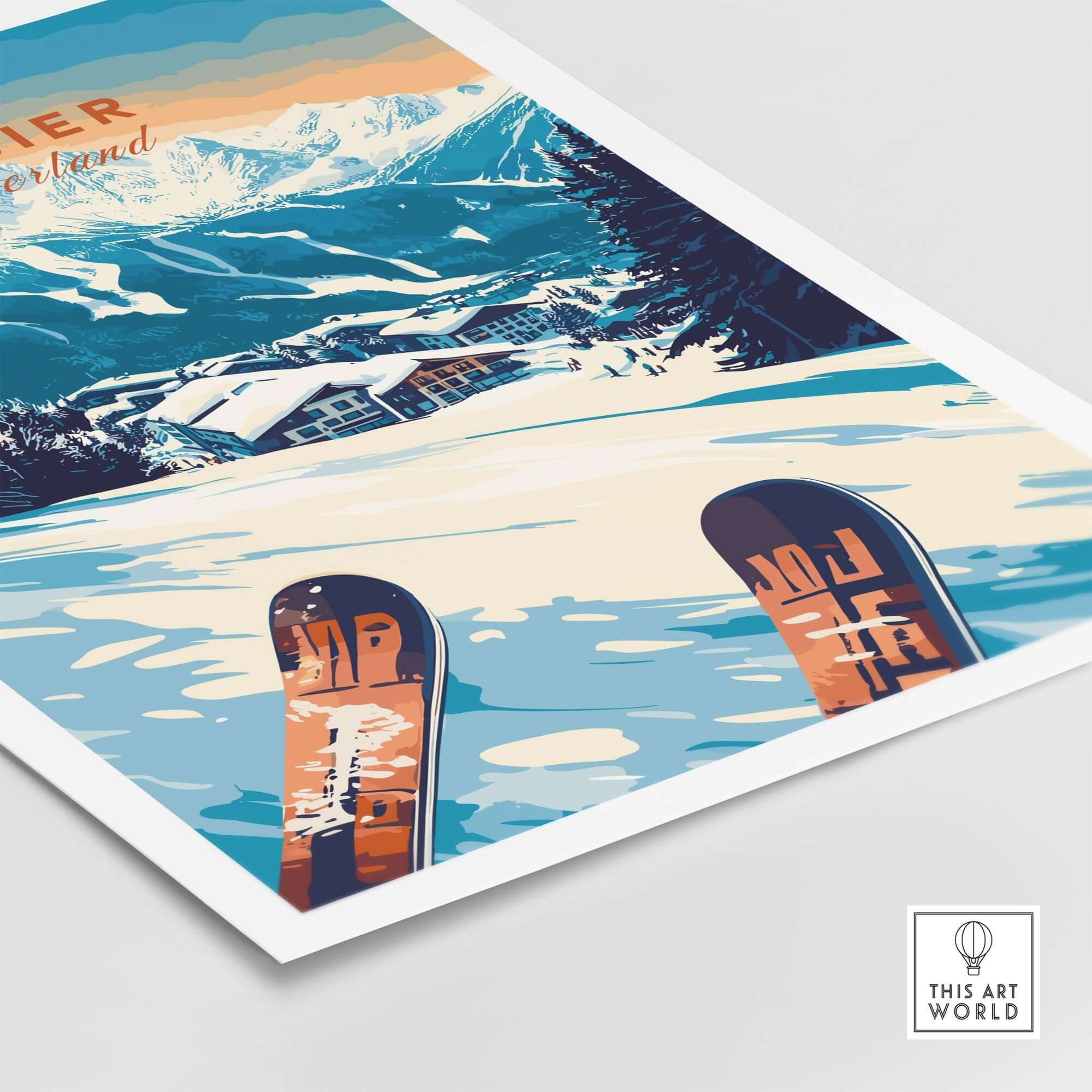 Verbier Print featuring ski equipment and scenic Swiss Alps, perfect for ski enthusiasts and lovers of Switzerland.