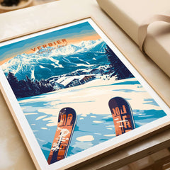 Verbier Print showcasing Swiss Alps and skis, capturing the thrill of skiing in Switzerland's stunning slopes.