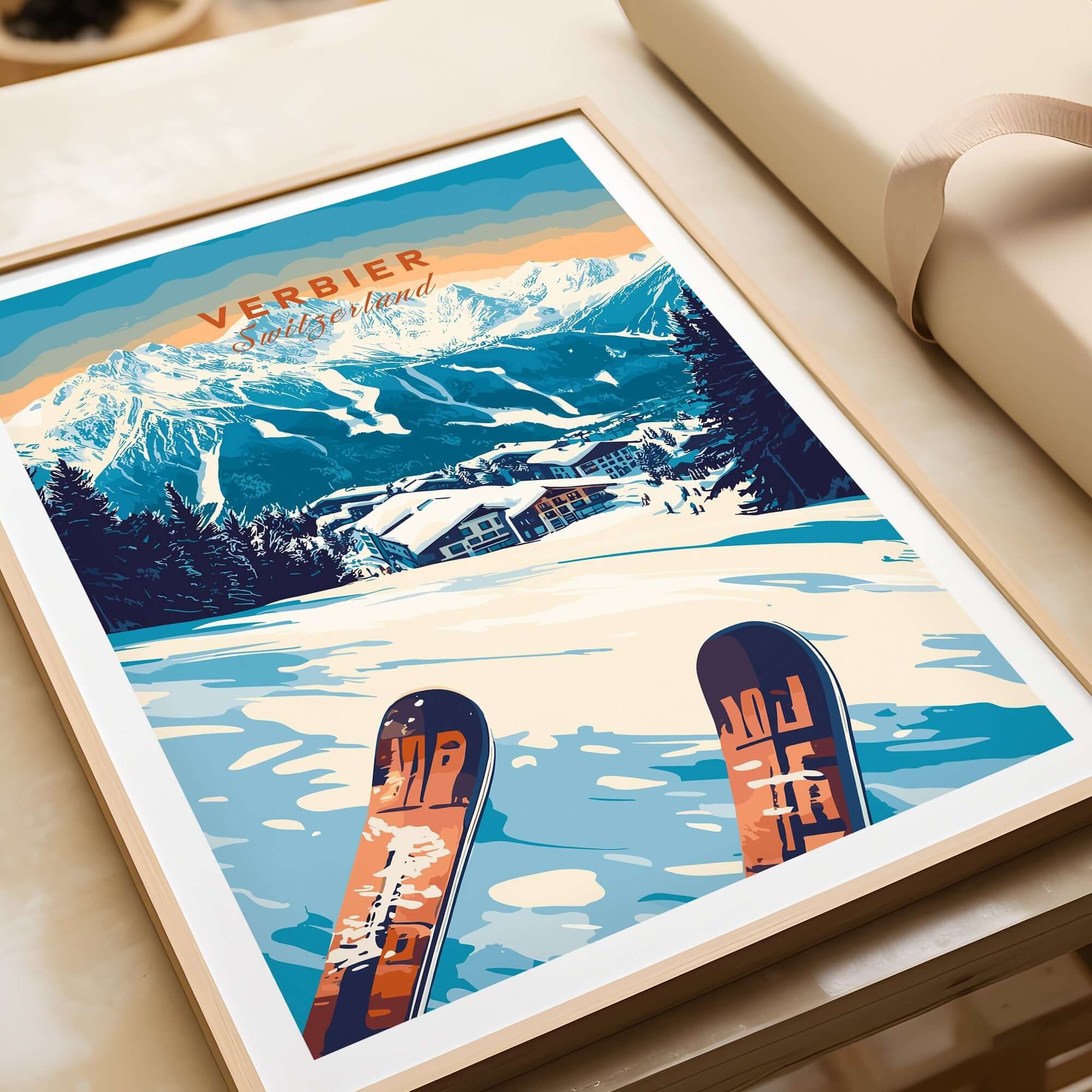Verbier Print showcasing Swiss Alps and skis, capturing the thrill of skiing in Switzerland's stunning slopes.