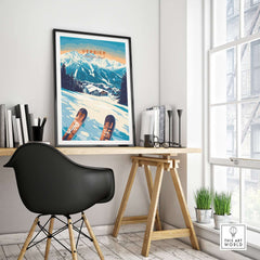 Verbier Swiss ski print displayed in a modern workspace, featuring snowy mountains and ski equipment, perfect for ski enthusiasts.