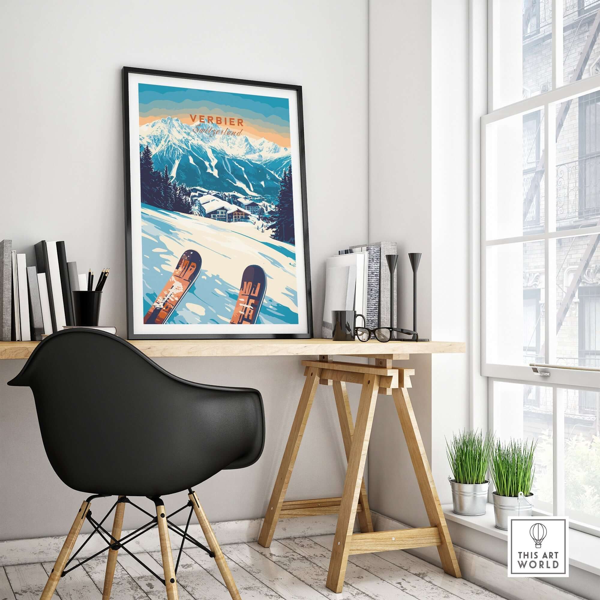 Verbier Swiss ski print displayed in a modern workspace, featuring snowy mountains and ski equipment, perfect for ski enthusiasts.