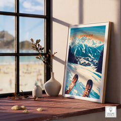 Verbier ski print showcasing Swiss Alps beauty on a cozy windowsill with decorative items. Perfect for ski enthusiasts.
