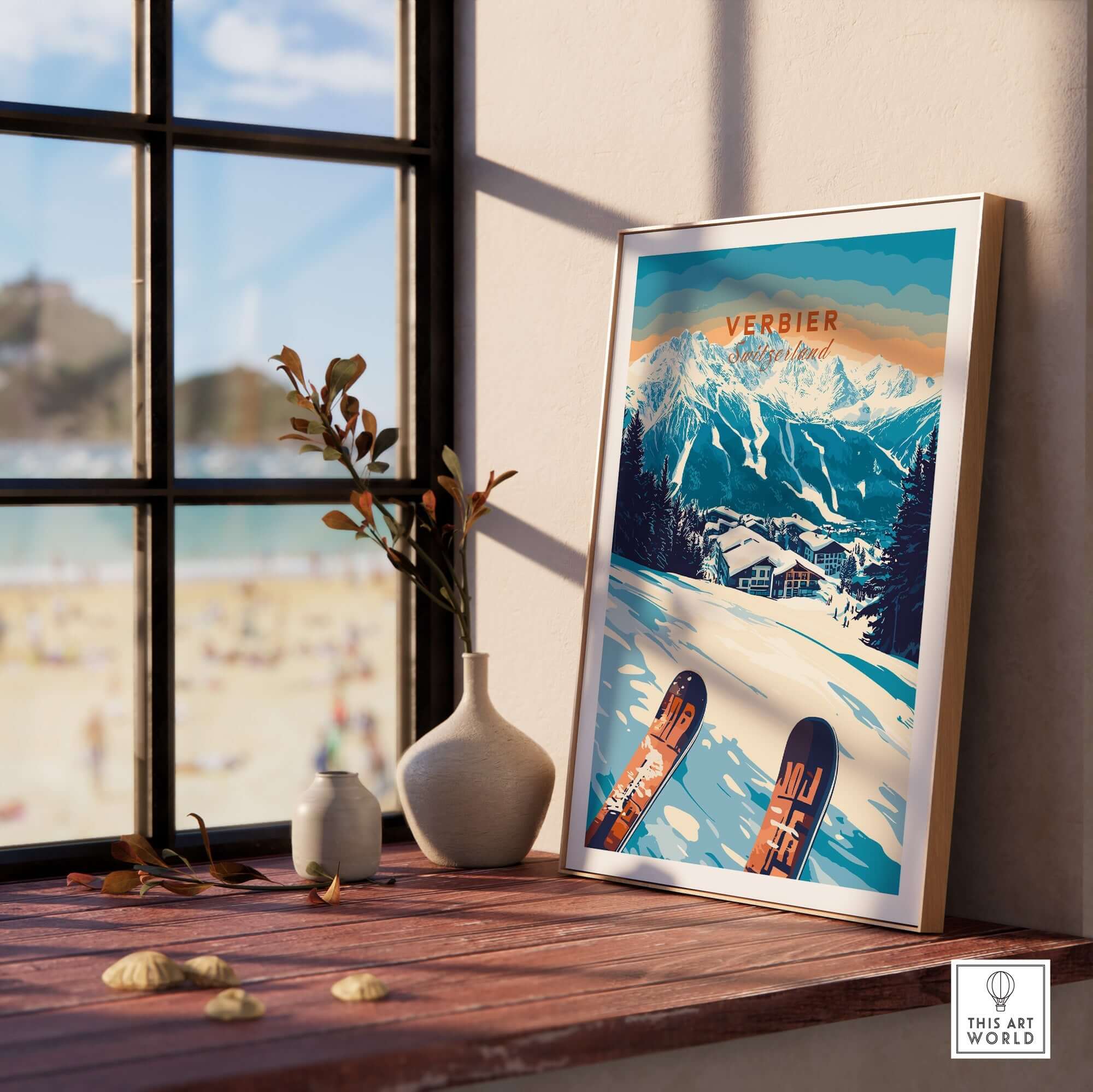 Verbier ski print showcasing Swiss Alps beauty on a cozy windowsill with decorative items. Perfect for ski enthusiasts.