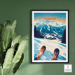 Verbier Ski Print showcasing stunning Swiss Alps slopes with vibrant colors, perfect for ski enthusiasts and decor lovers.
