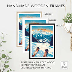 Handmade wooden frames in natural, white, and black for Verbier print, featuring sustainable wood and clear perspex glaze.