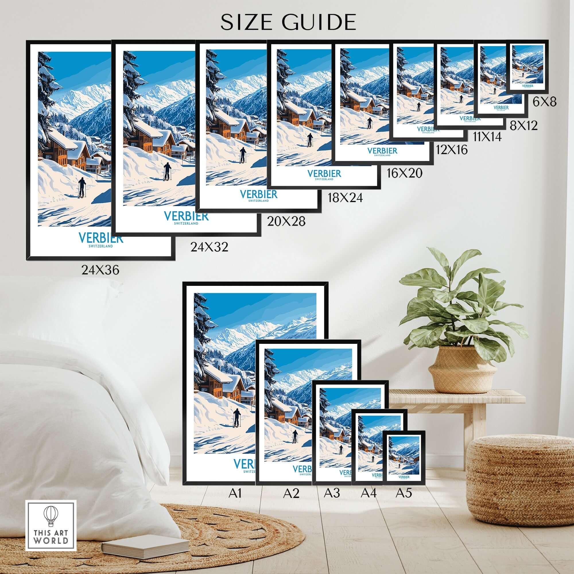 Verbier ski poster size guide featuring various dimensions for home decor in a stylish interior setting.