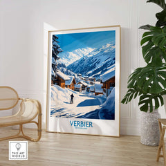 Verbier ski poster showcasing a picturesque snowy landscape of Switzerland, perfect for winter decor enthusiasts.