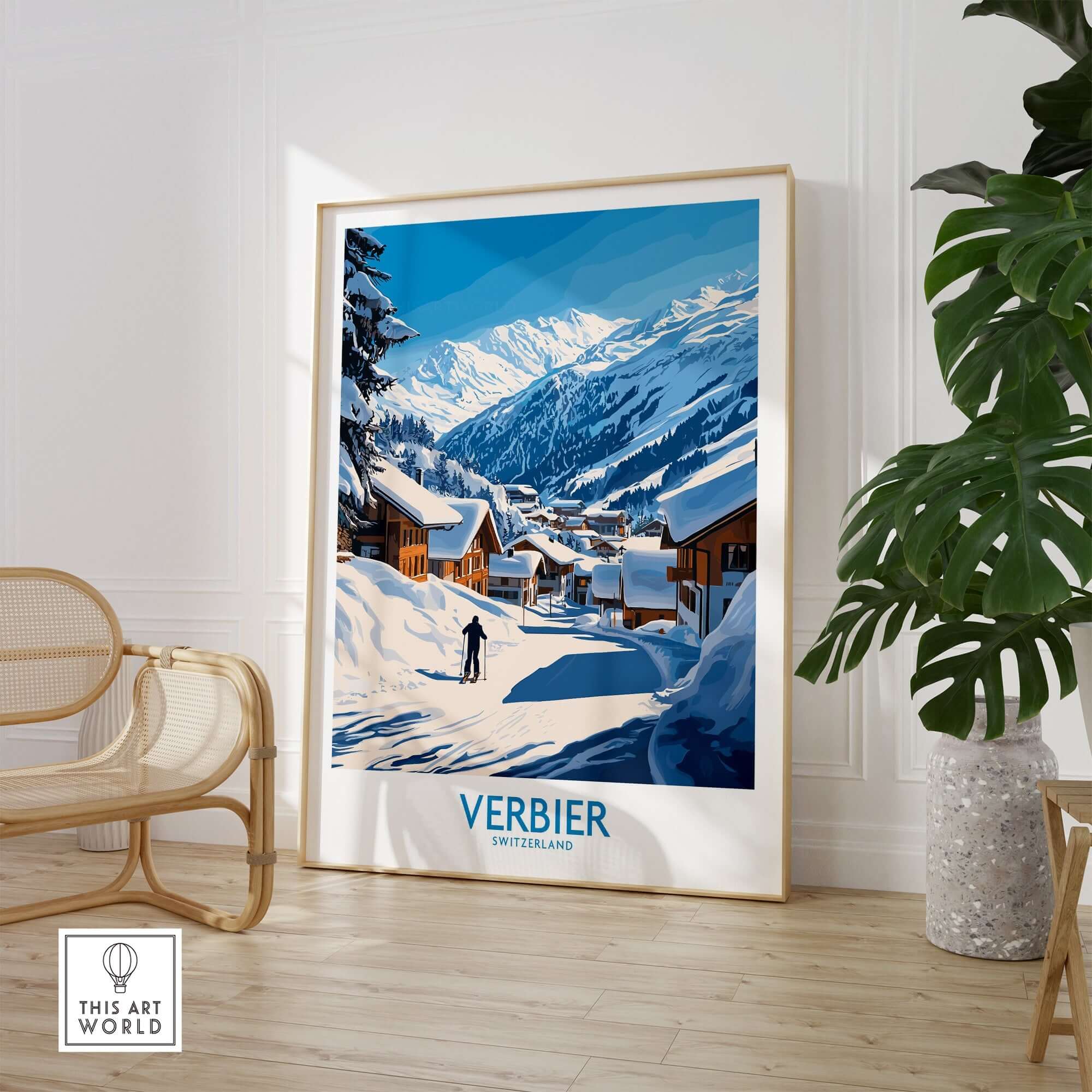 Verbier ski poster showcasing a picturesque snowy landscape of Switzerland, perfect for winter decor enthusiasts.