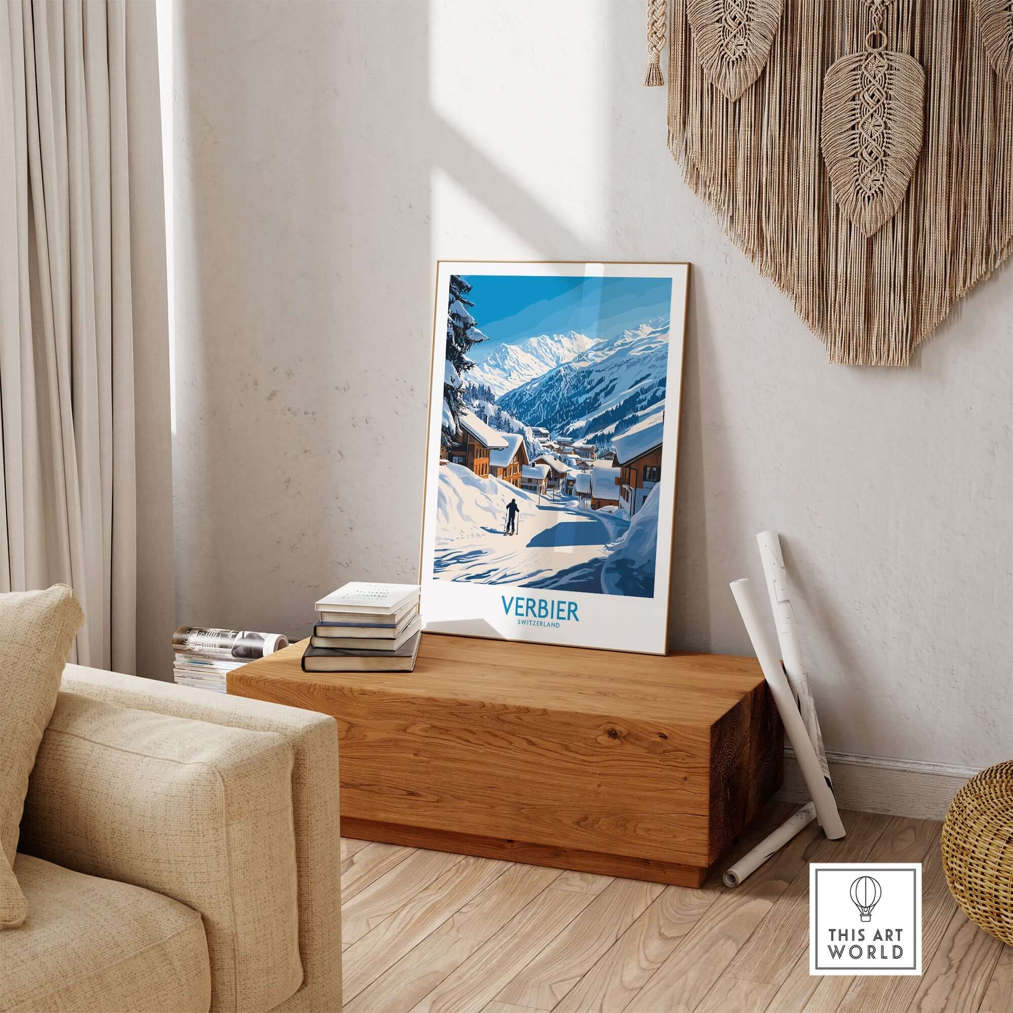 Verbier Ski poster showcasing stunning Swiss mountain scenery in a cozy home setting. Perfect for ski lovers and decor enthusiasts.