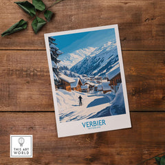 Verbier ski poster showcasing stunning mountain scenery and cozy chalets in Switzerland, perfect for ski lovers and home decor.