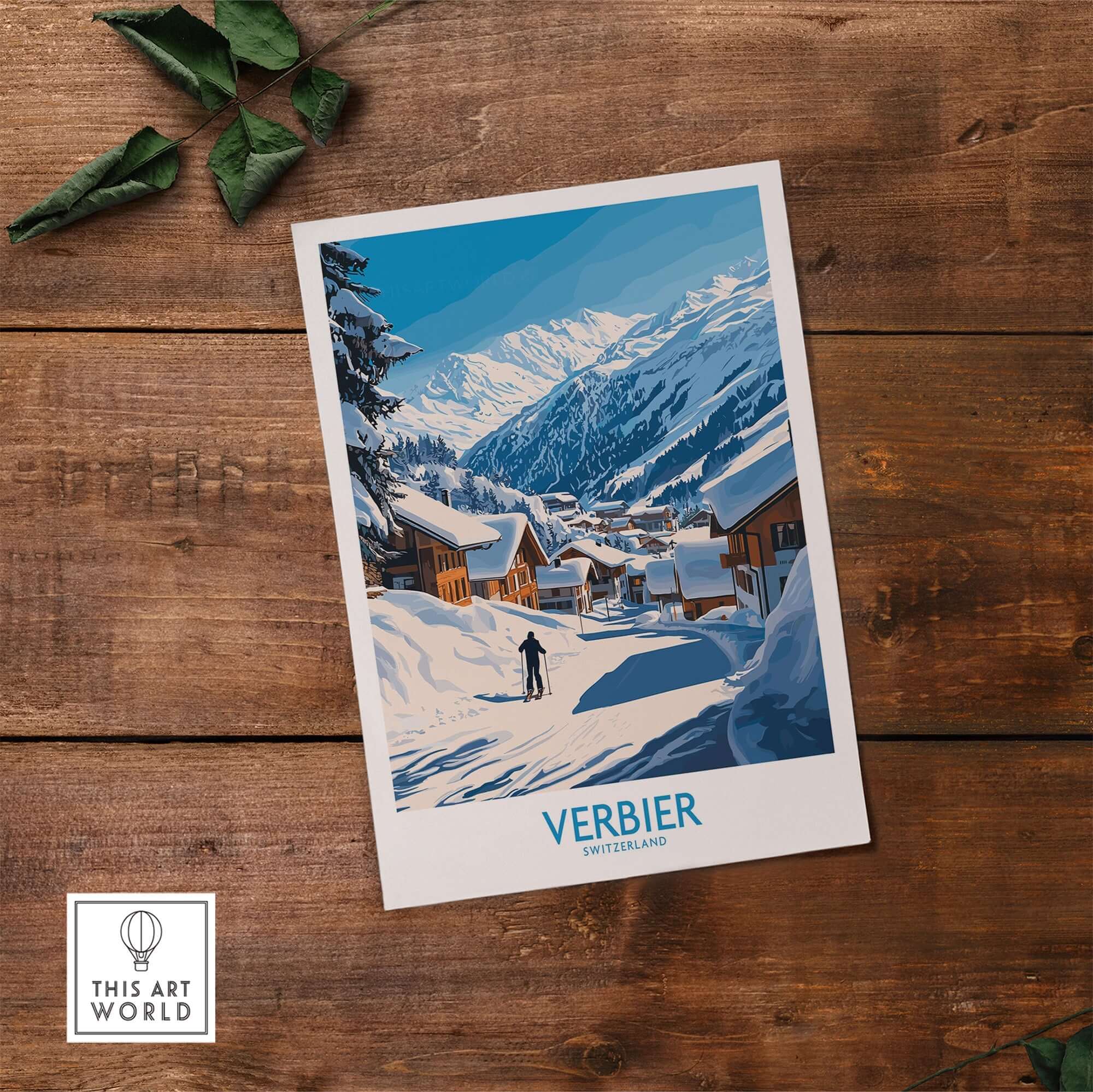Verbier ski poster showcasing stunning mountain scenery and cozy chalets in Switzerland, perfect for ski lovers and home decor.