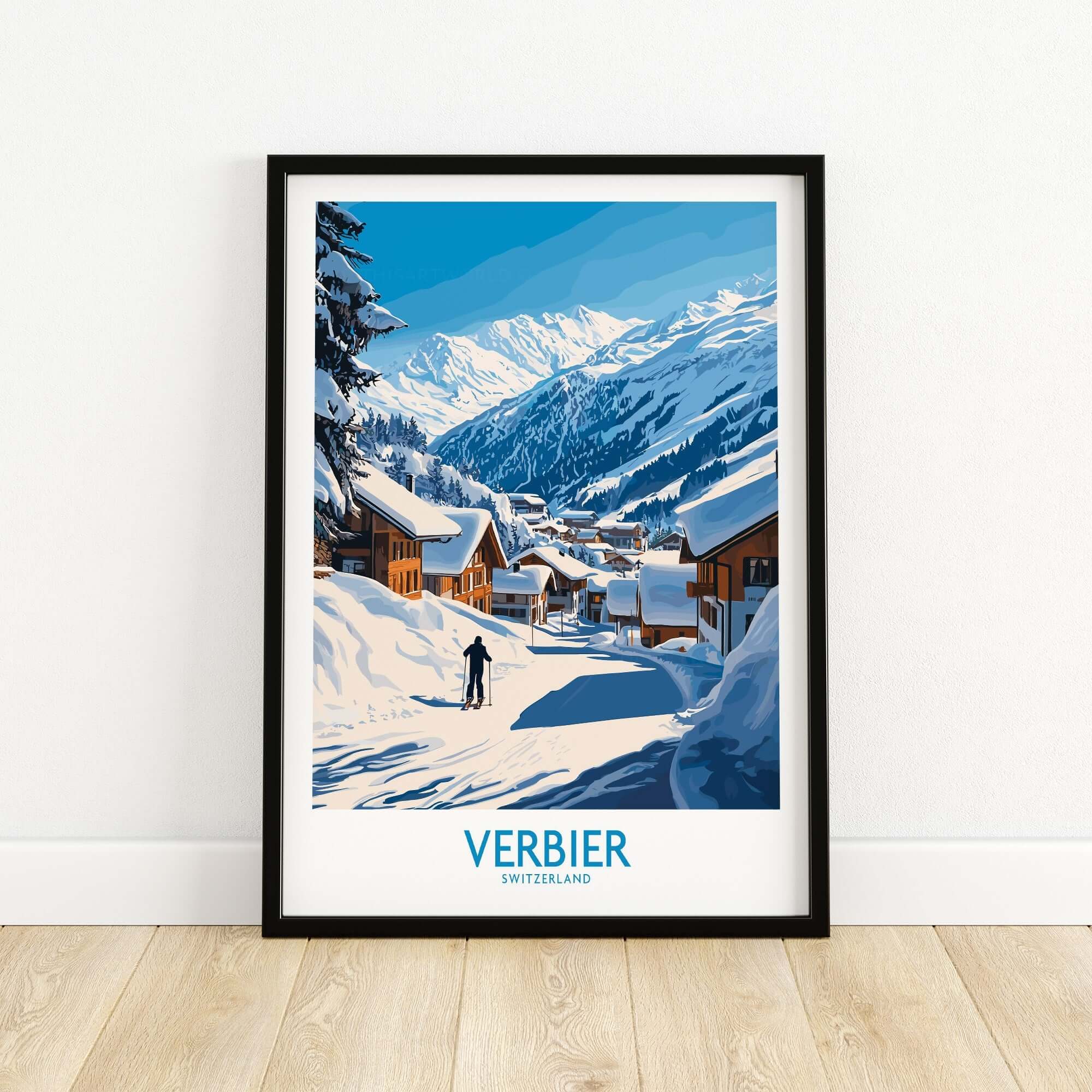 Verbier ski poster showcasing a snowy village in Switzerland with mountains in the background, perfect for winter enthusiasts.