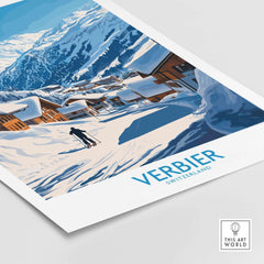 Verbier ski poster showcasing the picturesque Swiss Alps and a skier on snow-covered slopes. Perfect for adventure lovers.