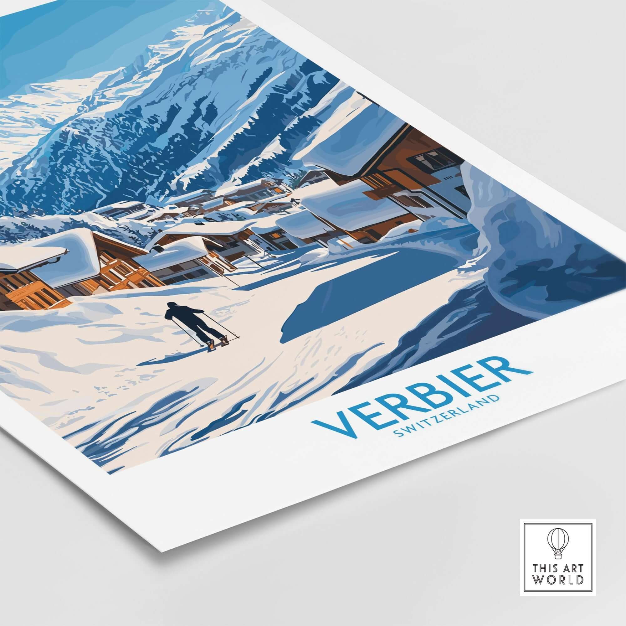 Verbier ski poster showcasing the picturesque Swiss Alps and a skier on snow-covered slopes. Perfect for adventure lovers.
