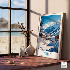 Verbier ski poster showcasing Swiss mountains and chalets, perfect for home decor and ski enthusiasts.