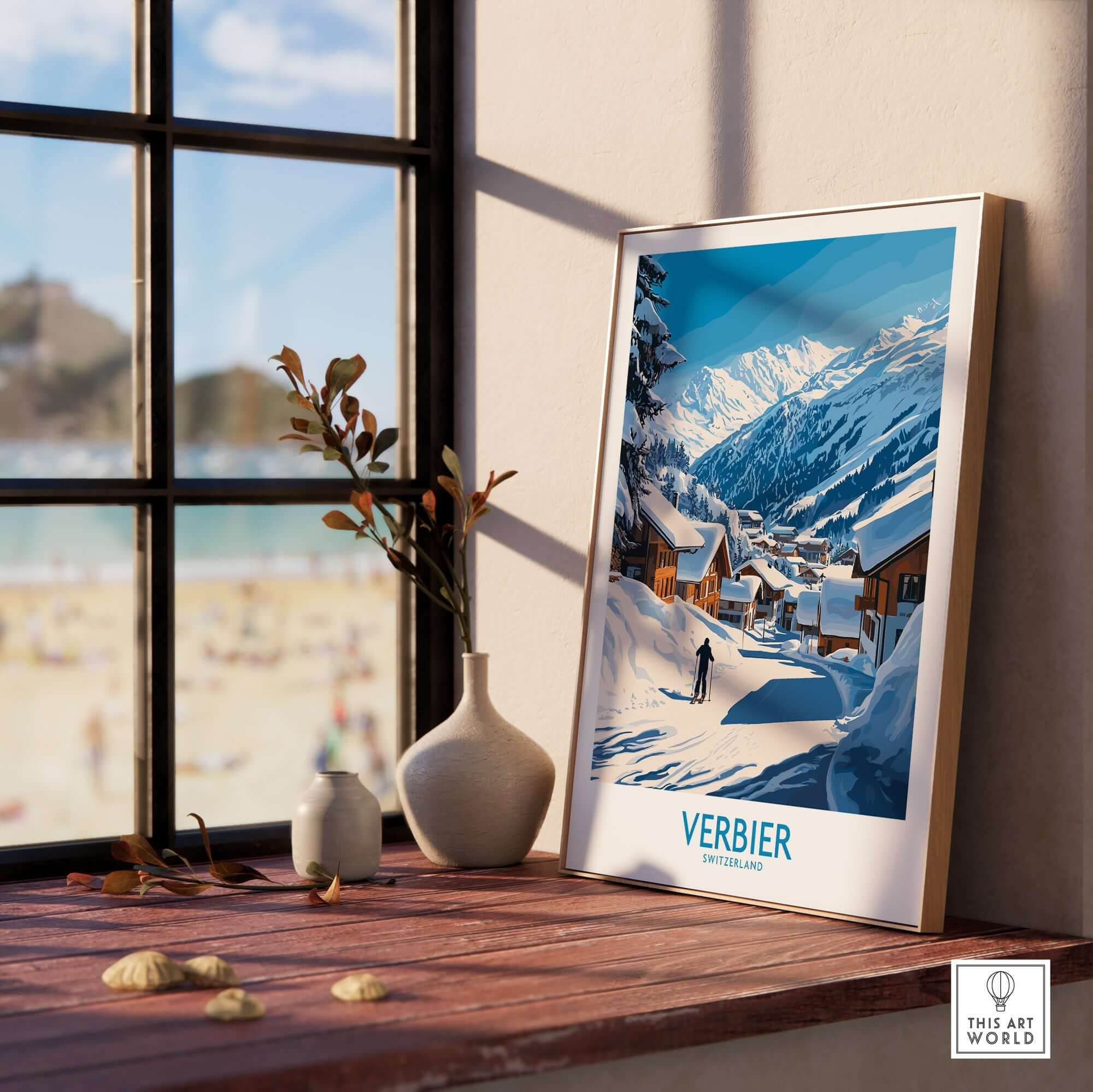 Verbier ski poster showcasing Swiss mountains and chalets, perfect for home decor and ski enthusiasts.