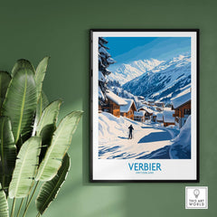 Verbier ski poster showcasing snow-covered mountains and cozy chalets in Switzerland, perfect for ski lovers and home decor.