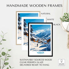 Handmade wooden frames for Verbier ski poster in natural, white, and black finishes, featuring sustainably sourced wood.