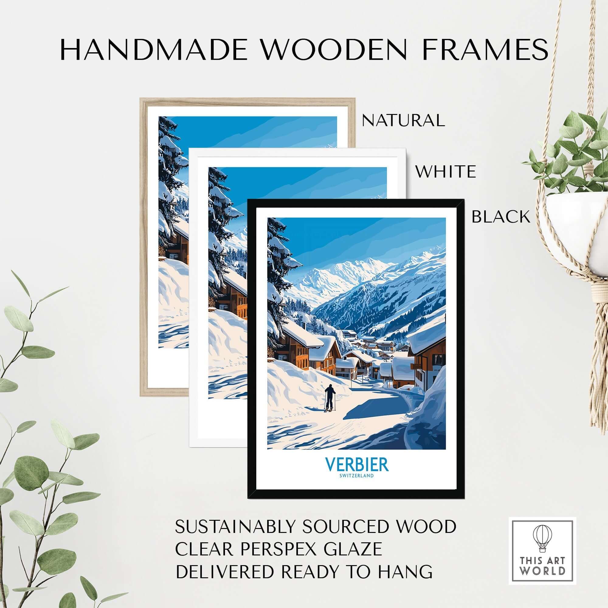 Handmade wooden frames for Verbier ski poster in natural, white, and black finishes, featuring sustainably sourced wood.