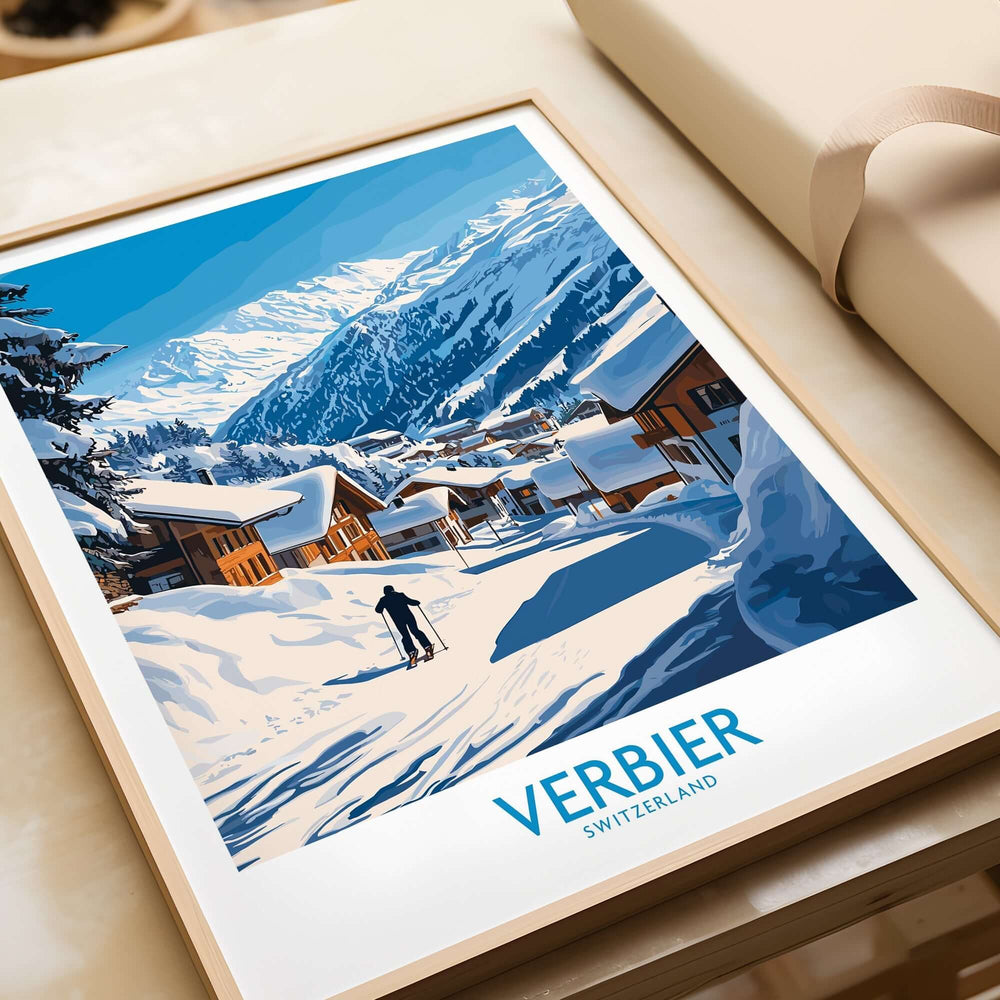 Verbier ski poster featuring a scenic winter landscape of Swiss mountains and cozy chalets in the snow.
