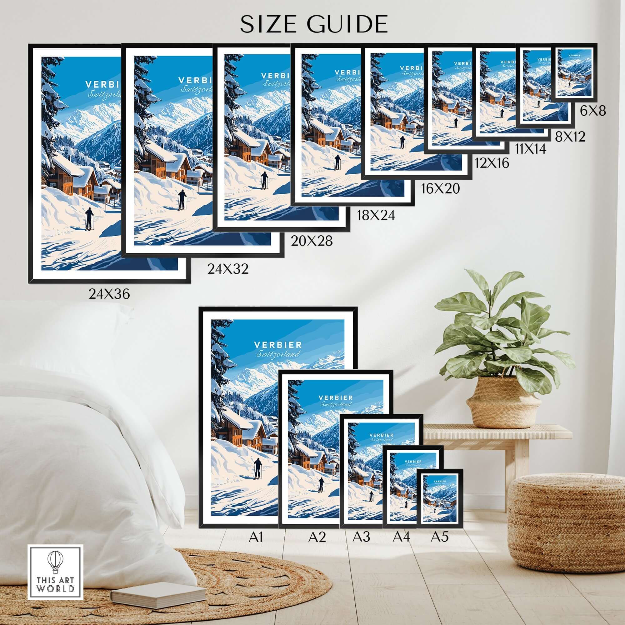 Size guide displaying various frame sizes for Verbier Ski Print, showcasing its design and fit in a cozy interior setting.