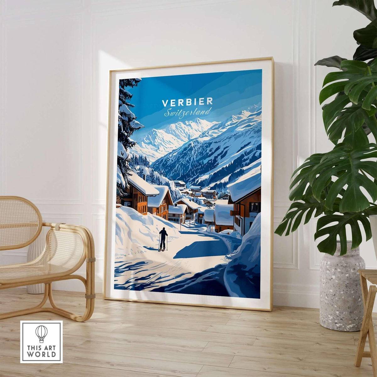 Stunning Verbier Ski print featuring snowy mountains and charming village scene in Switzerland, perfect for ski enthusiasts.