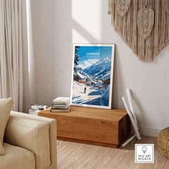 Verbier ski print featuring snow-covered mountains and cozy chalets, perfect for ski enthusiasts’ home decor.