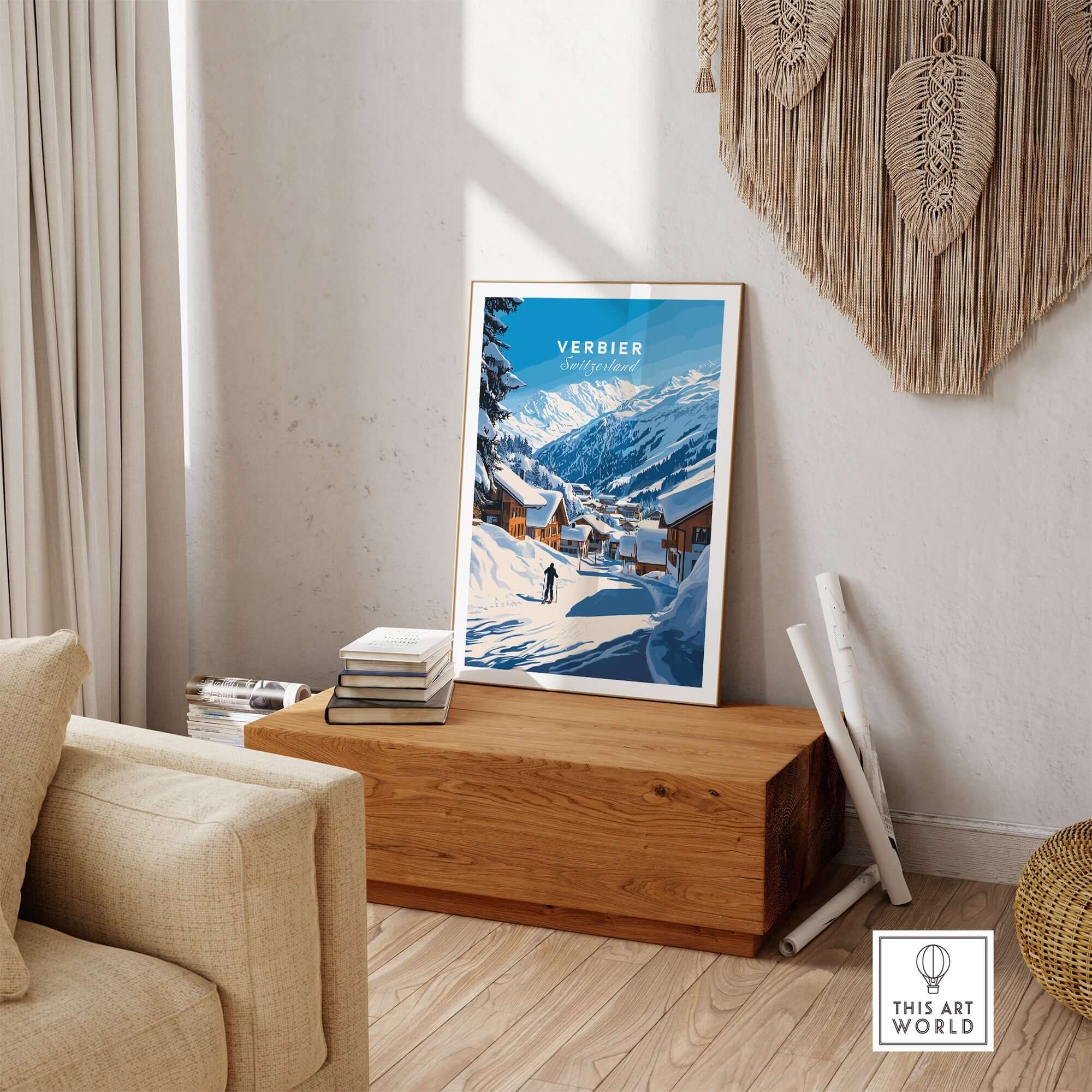 Verbier ski print featuring snow-covered mountains and cozy chalets, perfect for ski enthusiasts’ home decor.