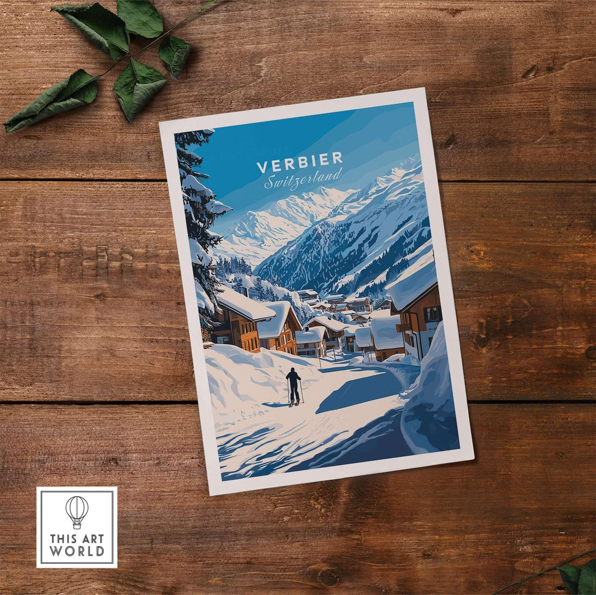 Verbier Ski Print showcasing a snowy Swiss landscape with a skier, perfect for ski lovers and home decor.