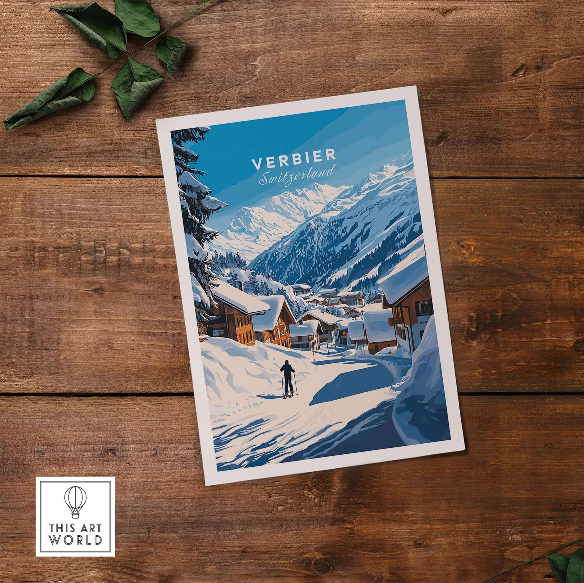 Verbier Ski Print showcasing a snowy Swiss landscape with a skier, perfect for ski lovers and home decor.