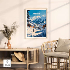 Verbier ski print showcasing snowy mountains and chalets, perfect for ski enthusiasts and home decor.