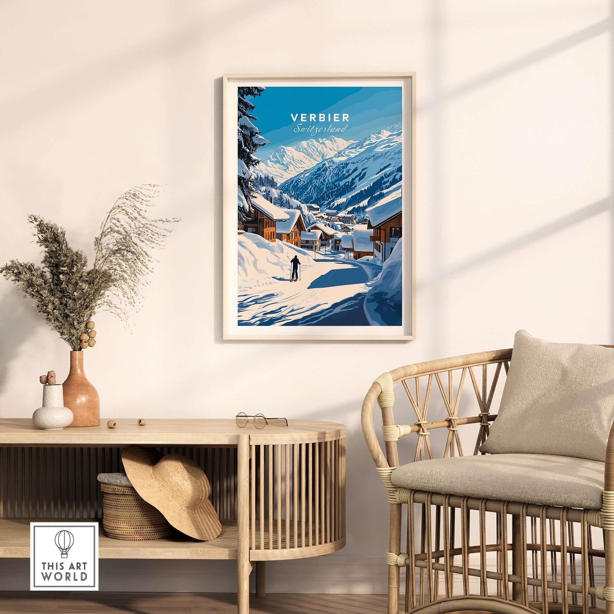 Verbier ski print showcasing snowy mountains and chalets, perfect for ski enthusiasts and home decor.
