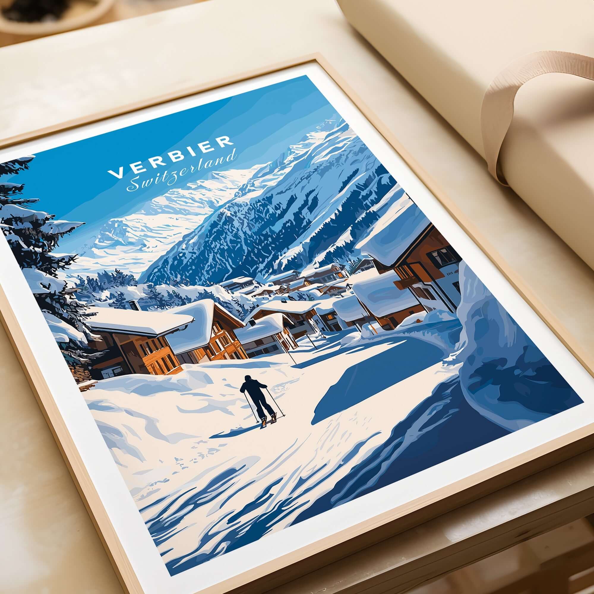 Verbier Ski Print showcasing snowy mountains and chalets in Switzerland, perfect for ski enthusiasts and home decor.