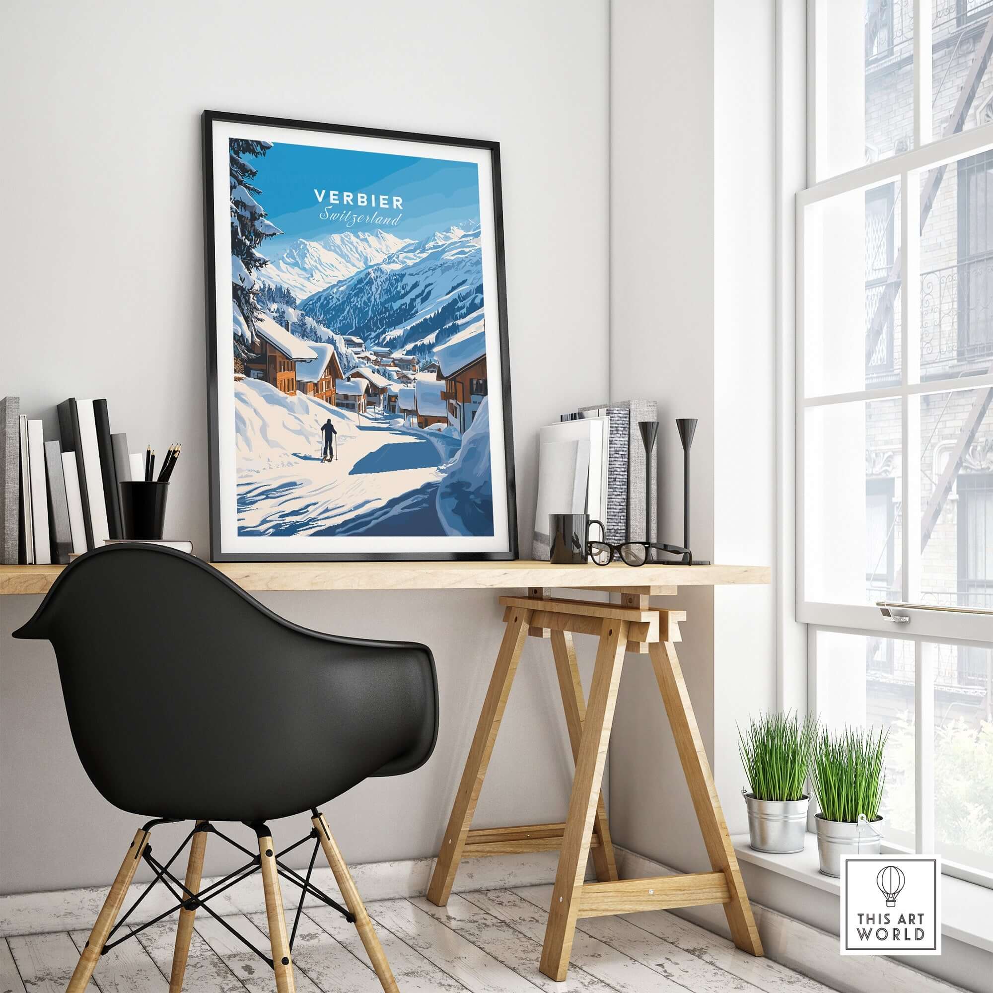 Verbier ski print in a stylish home office setting, showcasing snowy mountain landscape and cozy chalet in Switzerland.
