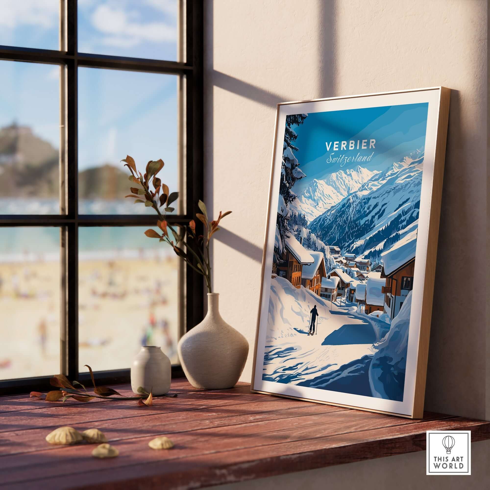 Verbier Ski print displayed on a wooden shelf, capturing the snowy Swiss landscape and cozy chalets, ideal for ski enthusiasts.
