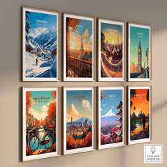 Collection of city travel prints including Verbier, Paris, Barcelona, and more, displayed in stylish frames on a wall.