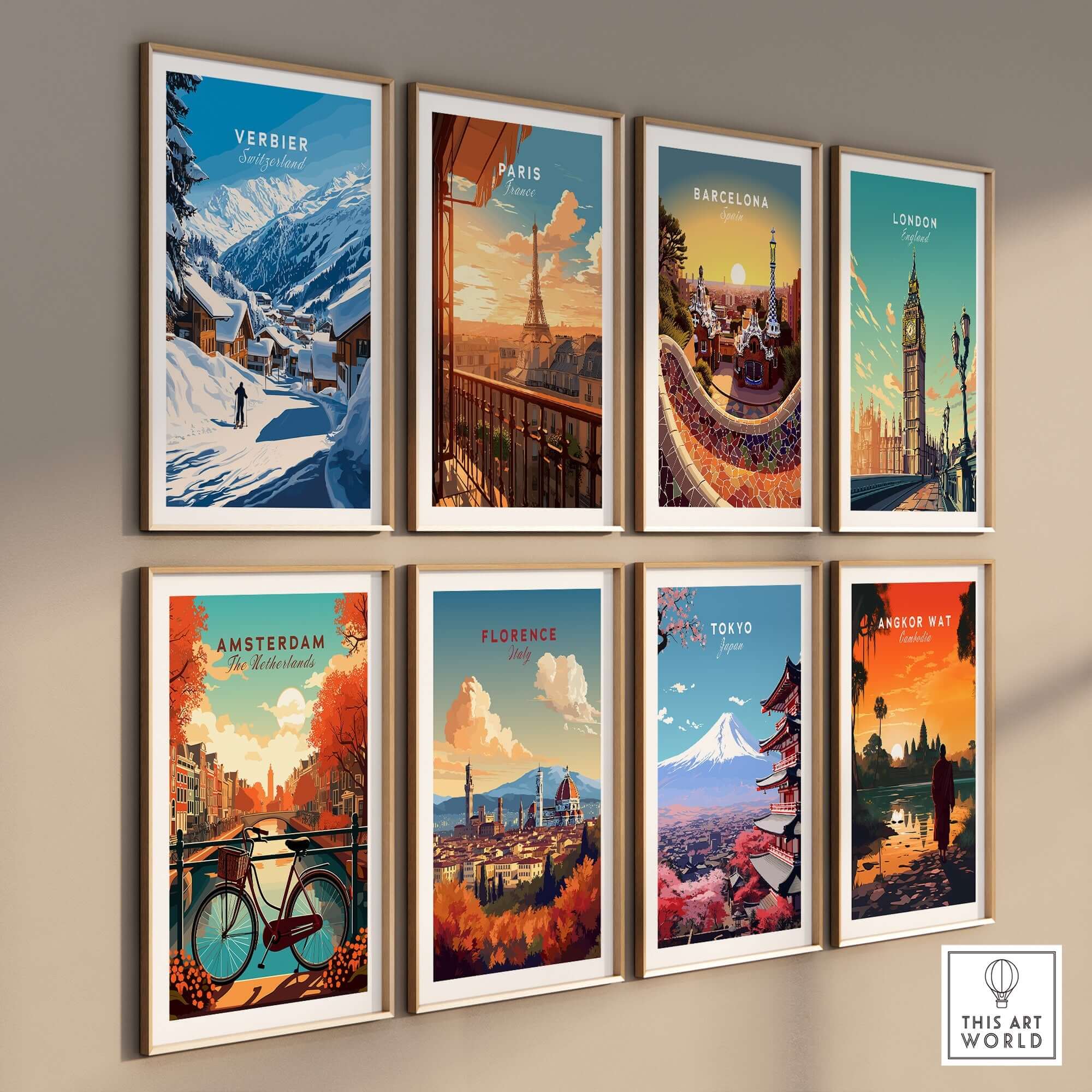 Collection of city travel prints including Verbier, Paris, Barcelona, and more, displayed in stylish frames on a wall.